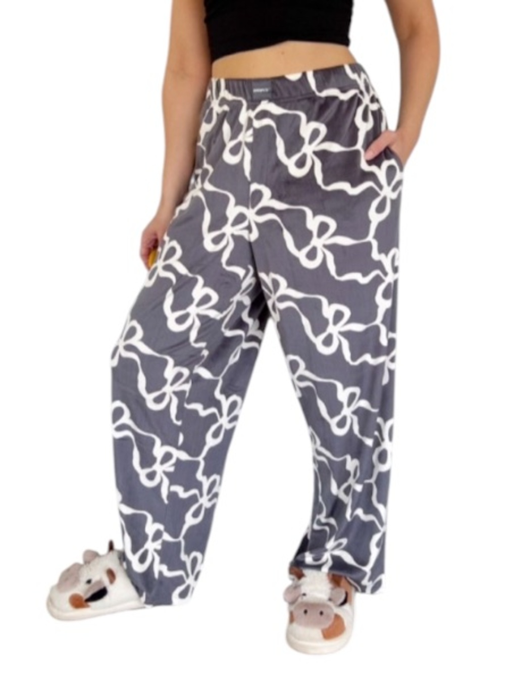 Joyspun gray white fleece bow ribbon print wide leg lounge pants size large